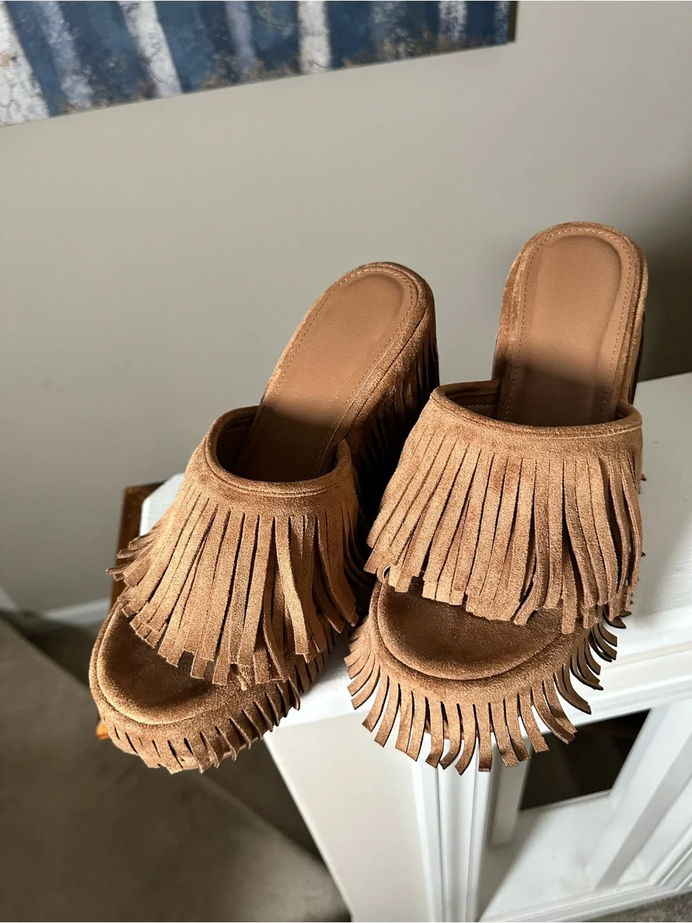 Fringe Platform Slide Sandals in Tan